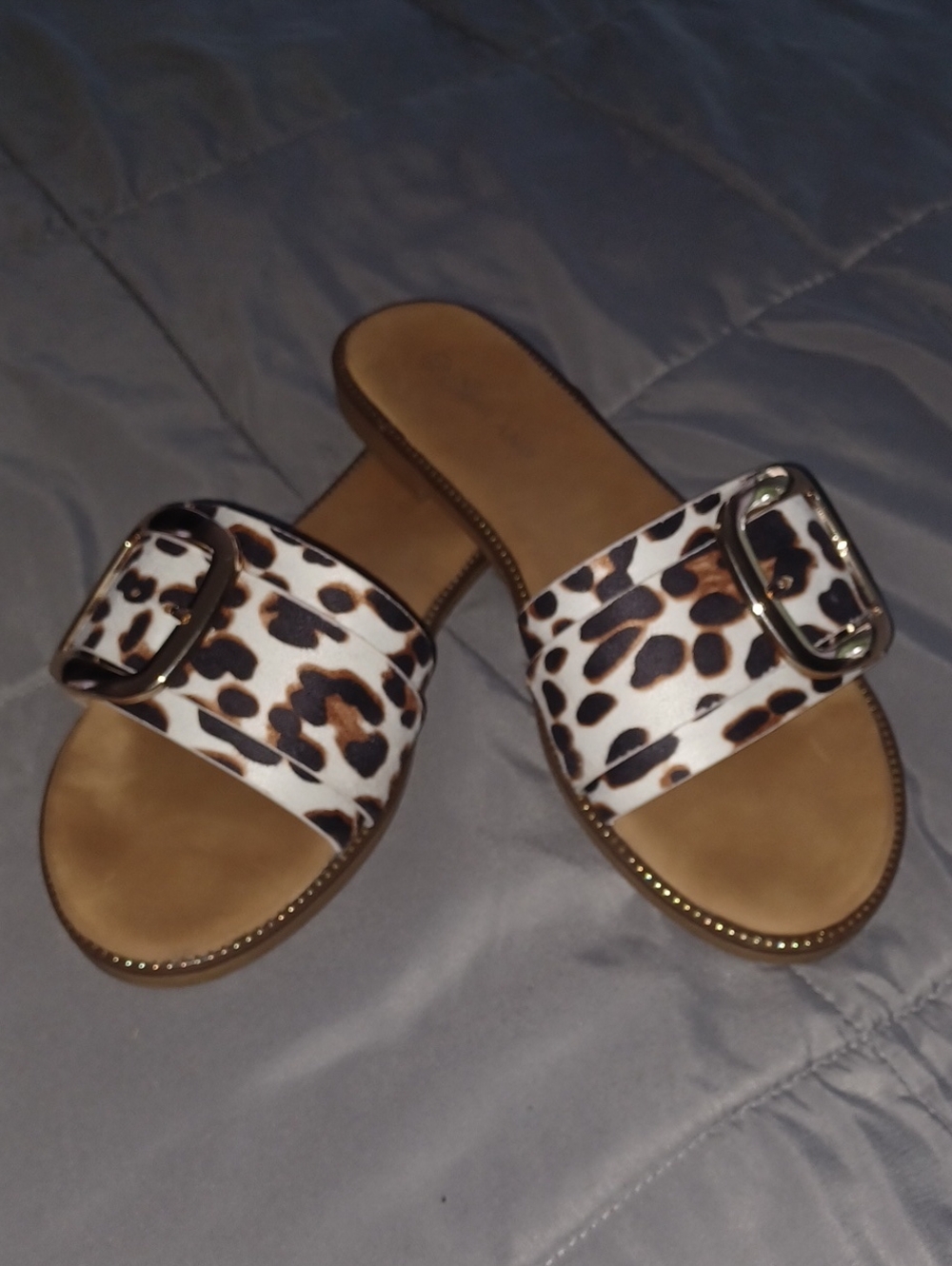 Leopard Print Slide Sandals with Buckle - Brown/White